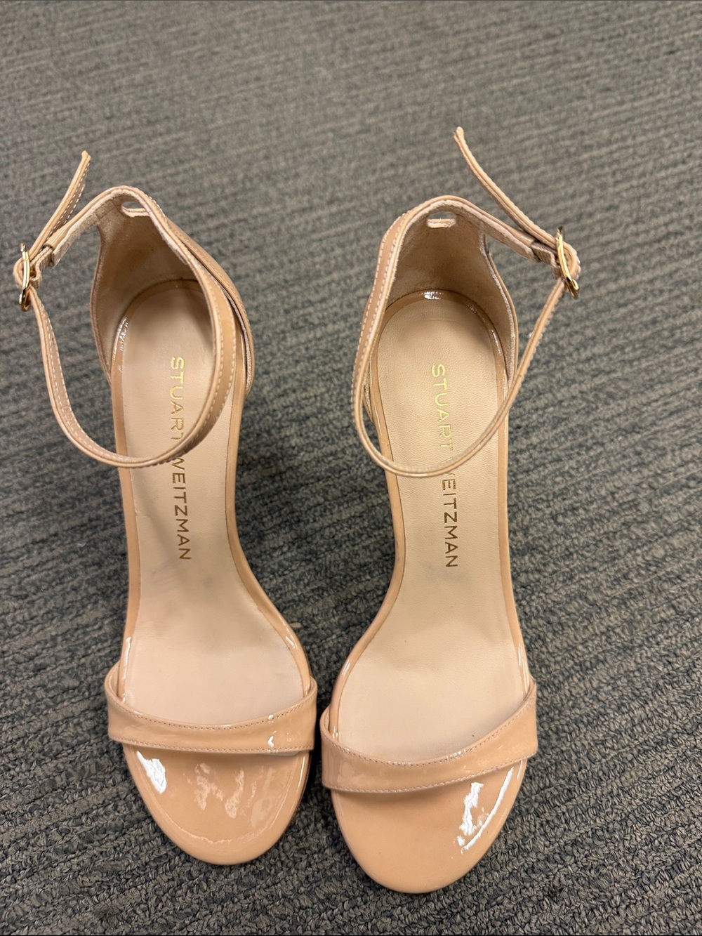 Stuart Weitzman Beige Patent Ankle-Strap Heels